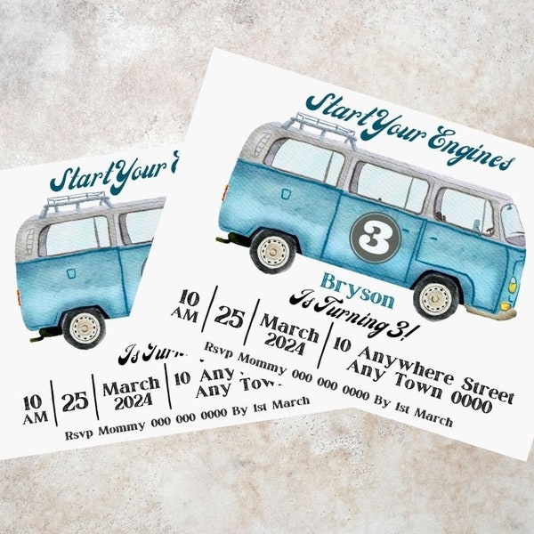 Blue VW Mini Van Birthday Party Invitation, Editable Car Boys Invite Template, Watercolour Hippi Bus Evite, Boys Cars Theme Digital Download