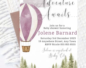 Pink Hot Air Balloon Baby Shower Invitation, Adventure Awaits (Digital Download)