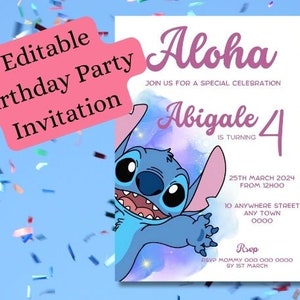 Stitch Birthday Party Invitation, Editable Lilo and Stitch Invite Template, Editable Aloha Digital Download, Watercolor Stitch