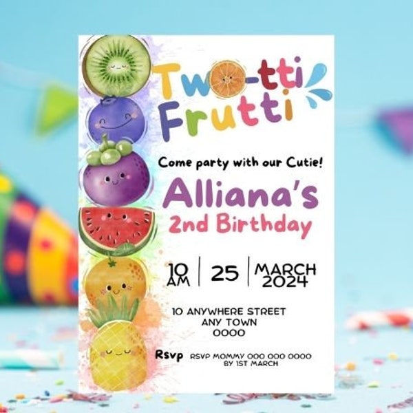 Twotti Fruity Birthday Party Invitation, Editable Cute Juice Fruit Second Birthday Invite Template, Baby Fruit, Cute Fruit, Evite