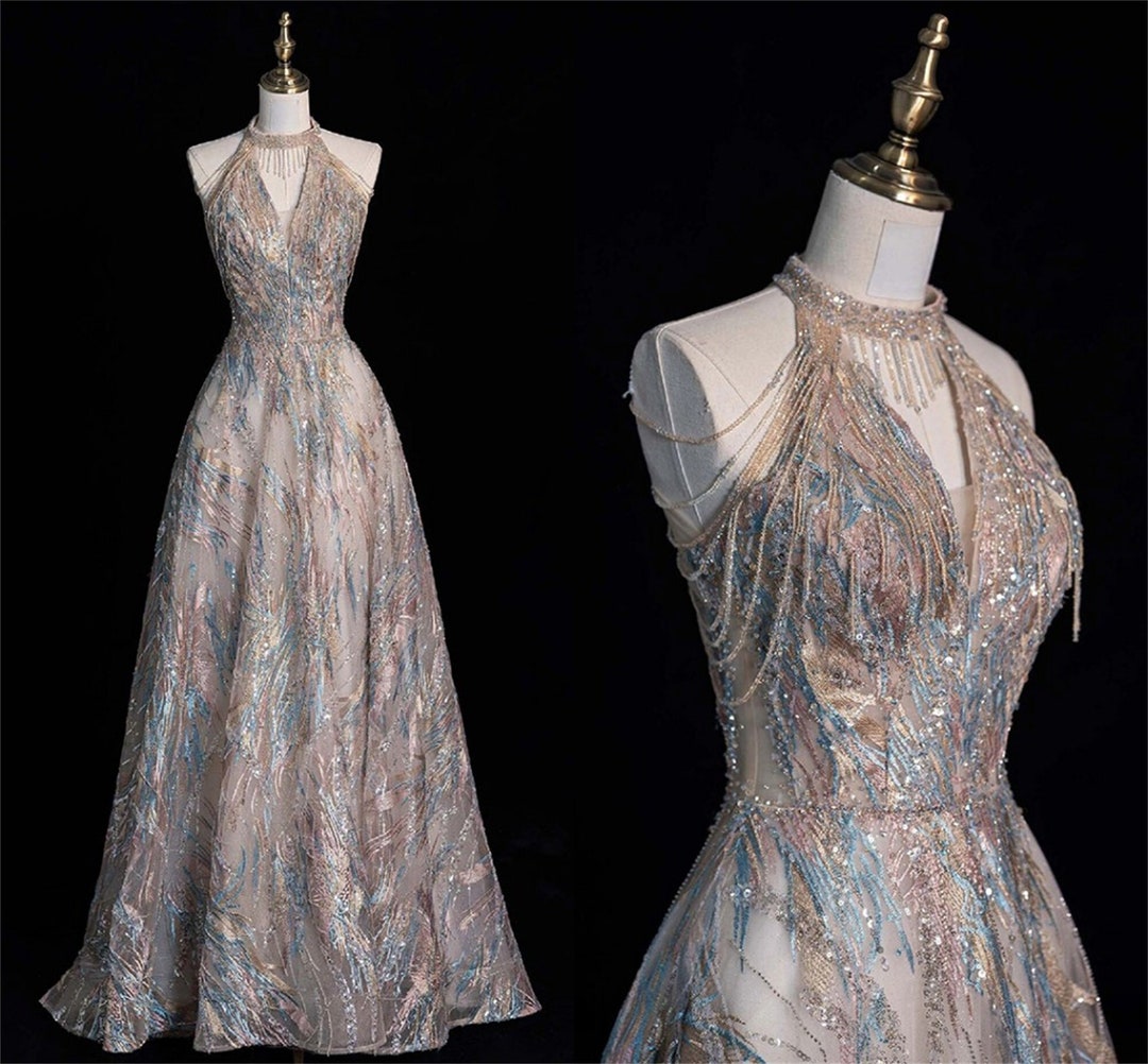 Halter Beading Prom Dress Vneck Prom Gown Embroidery Etsy