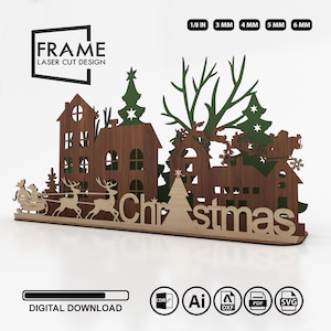 Weihnachtsszene Laserschnitt-Dateien - Bäume, Weihnachtsmann, Rentier und 'Merry Christmas' SVG-Dateien Design-Vorlage