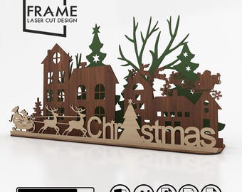 Christmas Scene Laser Cut Files - Trees, Santa Claus, Reindeer and &#39;Merry Christmas&#39; SVG Files Design Template