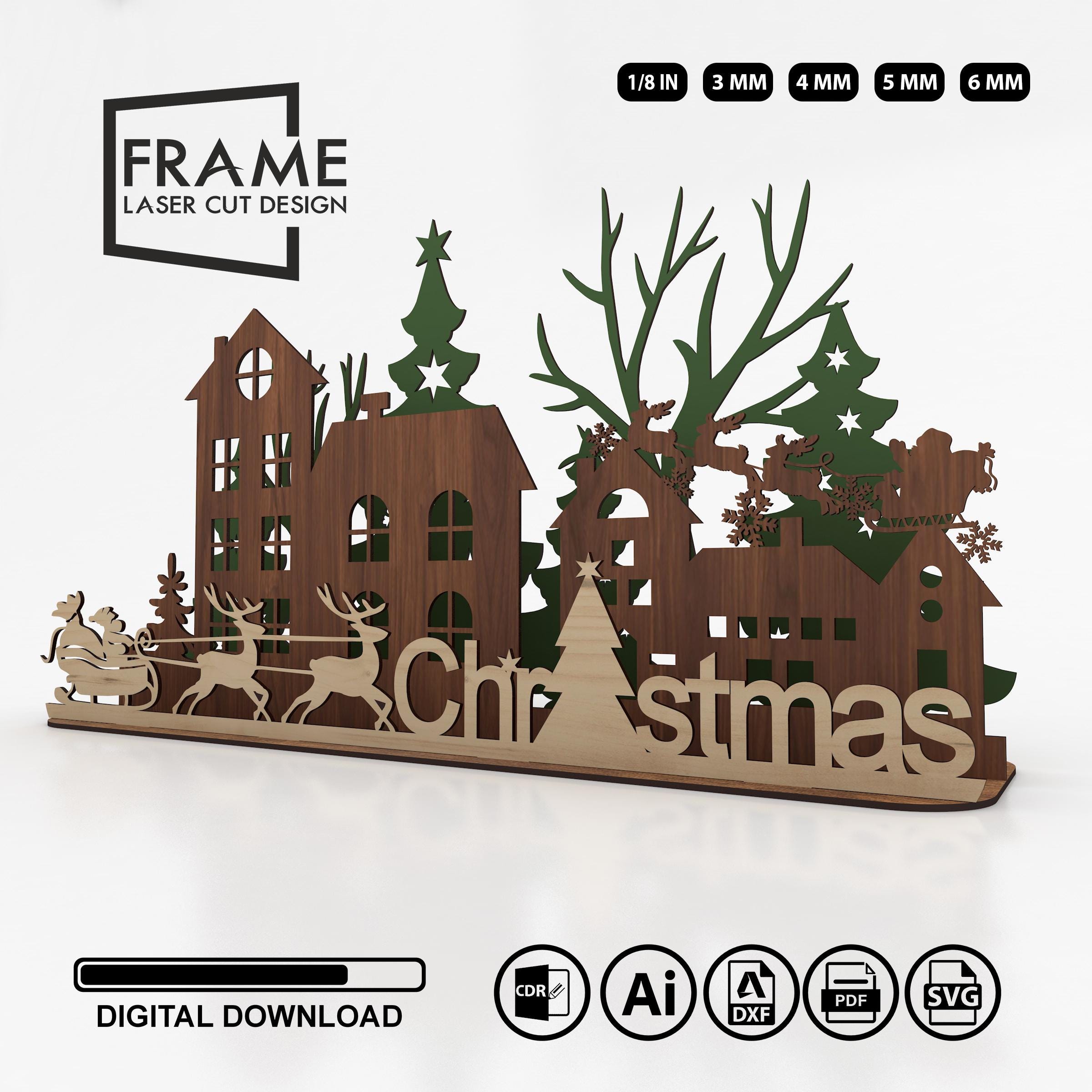 Christmas Scene Laser Cut Files - Trees, Santa Claus, Reindeer and 'Merry Christmas' SVG Files Design Template
