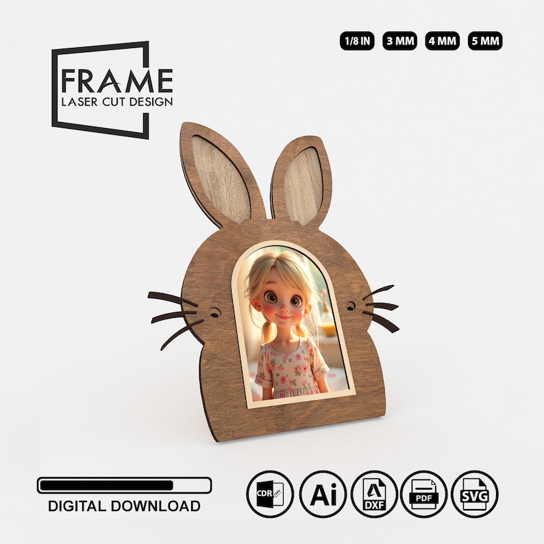 Brown Rabbit Frame Laser Cut Files Bunny-themed Photo Frame | Layered Wooden Bunny Design ...
