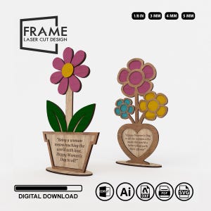 Dia da Mulher - Dia das Mães - Arquivos de corte a laser para vasos de flores - Pacote com 2 arquivos Svg de design de vaso de flores - Dxf - Pdf - Cdr - Arquivos Ai
