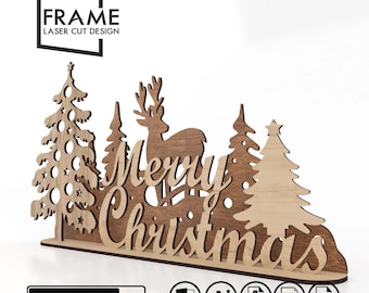 Christmas Scene Laser Cut Files  - Trees, Reindeer, and &#39;Merry Christmas&#39;  SVG Files Design Template
