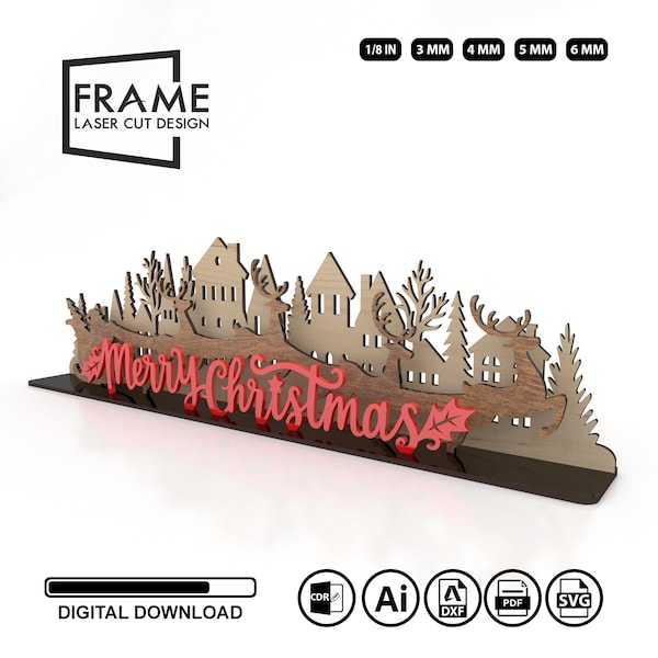 Christmas Scene Laser Cutting Files - Trees, Reindeer and Merry Christmas SVG Files Design Template