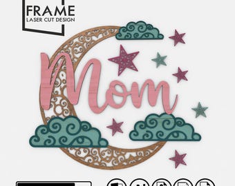 Mamma Måne - Stjärnor Laserskuren fil | Väggkonst för Mors dag | Glowforge | Cdr - Ai - Dxf - Pdf - Svg för laserskärning och gravyr