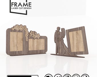 Bröllopstema laserskurna filer för fotoramsset - brud och brudgums silhuett och blomsterdesign - SVG DXF CDR-klippfiler för omedelbar nedladdning