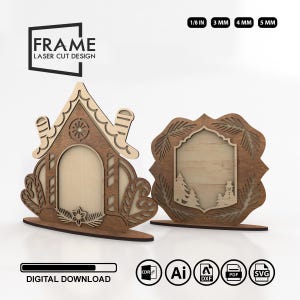 File tagliati al laser per cornici quadrate e casette di Natale - Design per cornici natalizie in legno a strati / File SVG per cornici per foto di Natale (DXF, PDF)