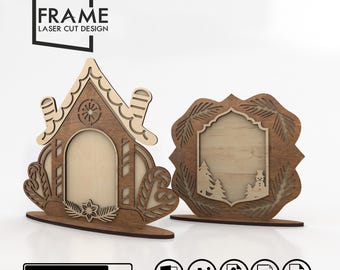 Laserskurna filer för julhus och fyrkantig ram - Layered Wooden Holiday Frame Design | SVG-filer för julfotoram (DXF, PDF)