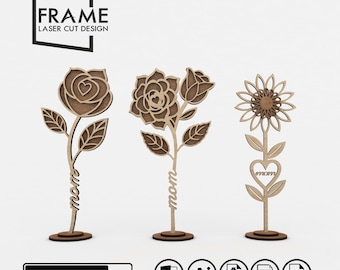 Mother's Day Laser Cut File - 3 Different Flower Designs - Two Layer Svg, Cdr, Ai, Pdf, Dxf - Mom Gift, Happy Mother's Day Decor
