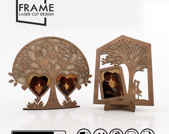 Kärleksträd och romantikram laserskurna filer - Layered Wooden Photo Frame Design | Alla hjärtans dag laserskurna fotoram SVG-filer (DXF, PDF)