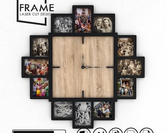 Laser Cut Customizable Photo Frame and Clock - Laser Cutting  2-Tier Design with 12 Photo Slots Svg Files
