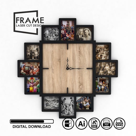 Laser Cut Customizable Photo Frame and Clock - Laser Cutting  2-Tier Design with 12 Photo Slots Svg Files