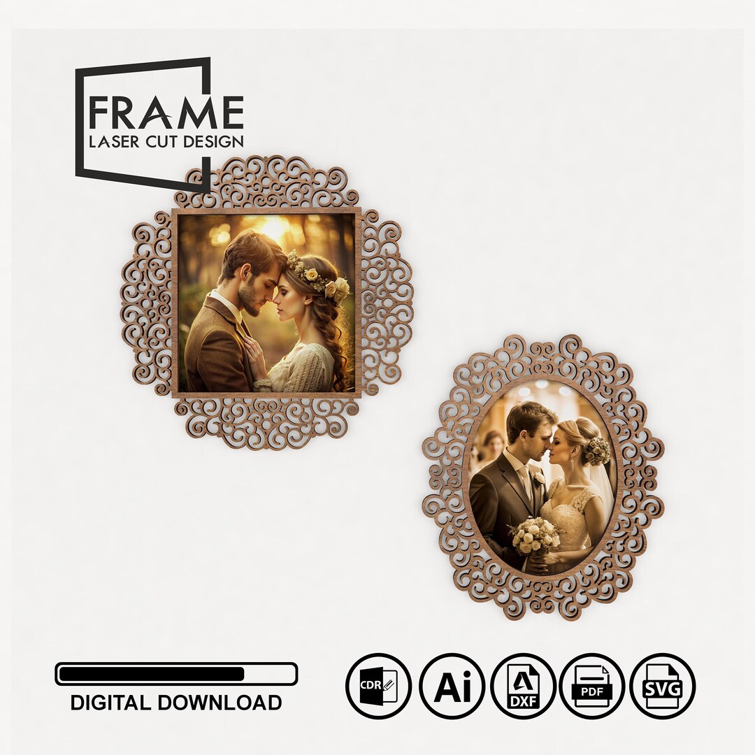 Photo Frame Cut File Patterned Photo Frame Laser Cutting File - Square and Oval 2 Types of ...