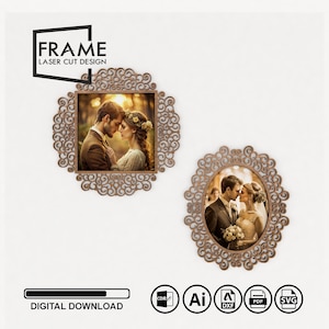 Puede incluir: Dos marcos ornamentados cortados con láser con intrincados diseños de volutas. Los marcos están vacíos, pero uno tiene una foto de una pareja en el fondo.