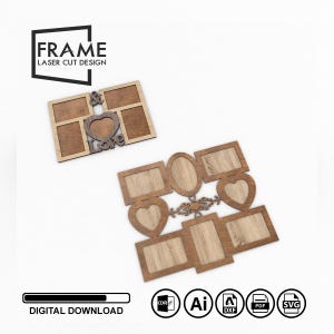 Op de afbeelding: Twee houten fotolijsten met een uitgesneden hart en het woord "love". De lijsten zijn ontworpen om meerdere foto's te bevatten. De lijsten zijn bruin met een houtnerfstructuur. De lijsten zijn beschikbaar voor digitale download in de volgende formaten: CDR, AI, DXF, PDF en SVG.