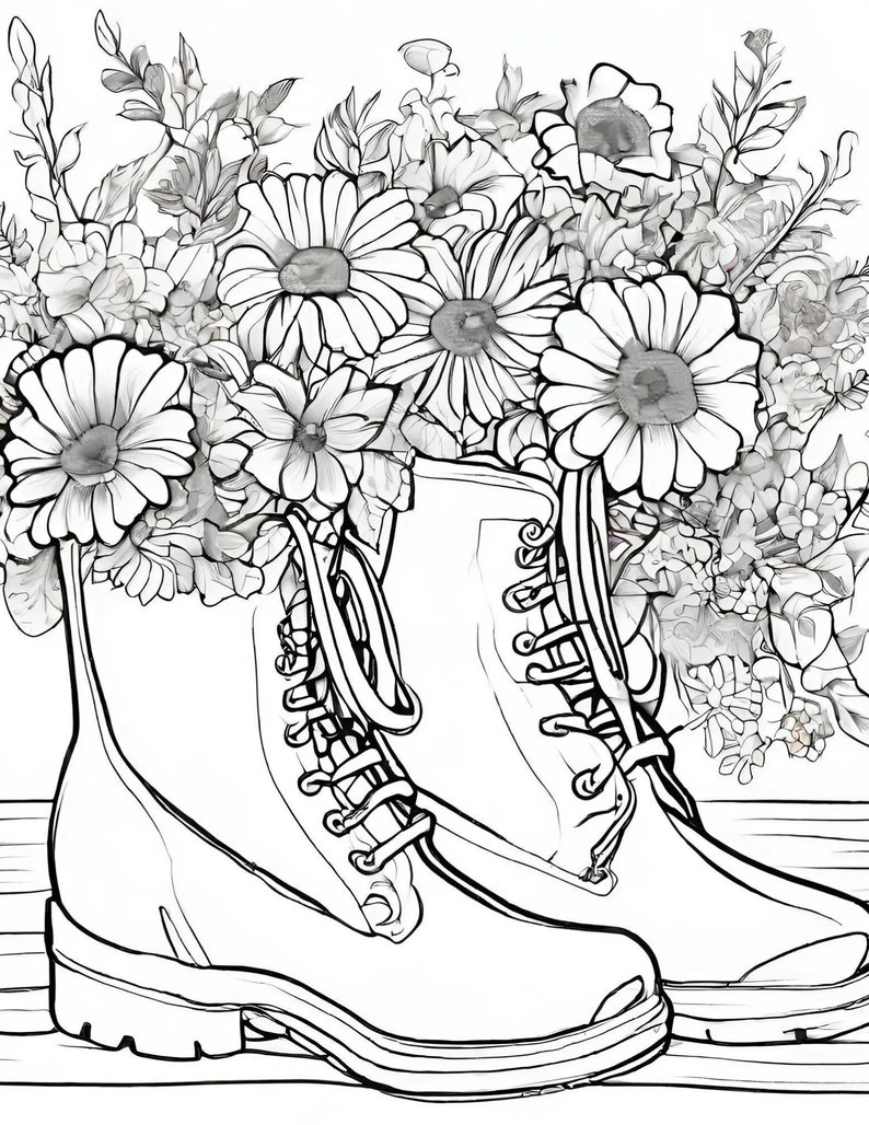 Boot Flowers Colouring Pages Digital Print Adult Colouring - Etsy