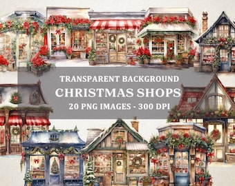 Set of 20 - Christmas Shops Festive Winter Decorations, Holiday Graphics, Clipart Image Files for Commercial Use, Christmas Storefront PNG