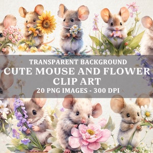 Cute Mouse Clipart, Watercolor Mouse with Flowers Illustration, PNG, Set of 20, Transparent, Digital Download for Crafting