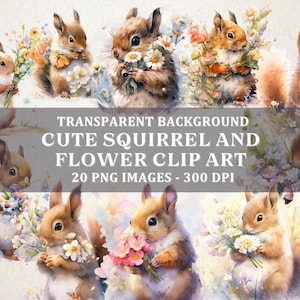 Clipart écureuil aquarelle, fleurs de printemps, animal mignon PNG, téléchargement numérique, scrapbooking, fond Transparent, lot de 20