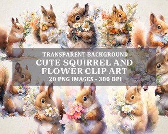 Watercolor Squirrel Clipart, Spring Flowers, Cute Animal PNG, Digital Download, Scrapbooking, Transparent Background, Set of 20