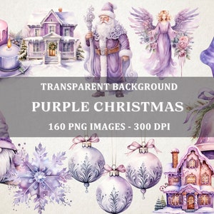 Set von 160 - Lila Weihnachtscliparts-Bundle, Aquarell Lila Weihnachtsmann Clipart, Lila Winter Clipart, Lila Weihnachten PNG, Frohe Weihnachten