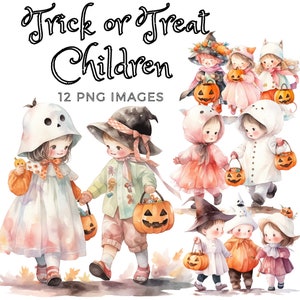 Set von 12 - Kinder Süßes oder Saures bei Halloween Clipart Aquarell, hochwertige PNGs 300 DPI, kommerzielle Nutzung, Sofort Download (1)