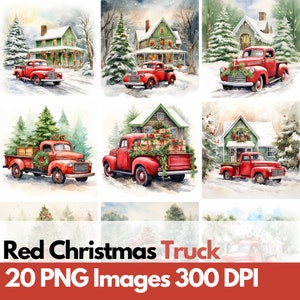 Lot de 20 - Clipart PNG de haute qualité, camion de Noël rouge dans la neige, fabrication de cartes, papier numérique, journal indésirable, créations manuelles, Noël