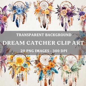 Boho Dreamcatcher Clip Art, conjunto de 20 PNG, download digital, penas rosa, fundo transparente, decoração Boho, elementos florais