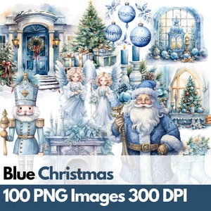 Conjunto de imágenes prediseñadas navideñas azules: 100 imágenes PNG festivas para manualidades y diseños festivos