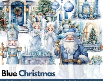 Blue Christmas Clipart Set - 100 Festive PNG Images for Holiday Crafts and Designs