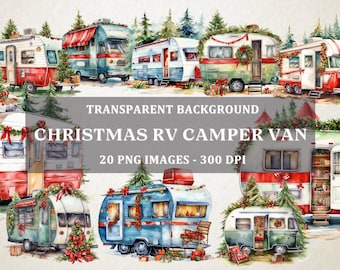 Set of 20 - Christmas RV Caravan Clipart Watercolor Christmas Campervan PNG Bundle, Digital Crafts Designs Transparent, Holiday Camper