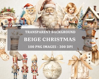 Set of 100 - Beige Christmas Clipart Set 300 DPI, PNG Format
