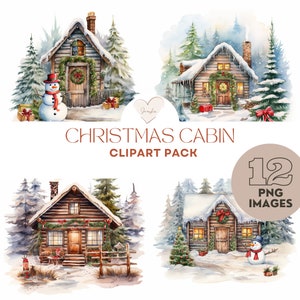 Cabane de Noël aquarelle avec bonhomme de neige, lot de 12 cliparts 300 DPI Téléchargement instantané Téléchargement numérique instantané, usage commercial, maison confortable