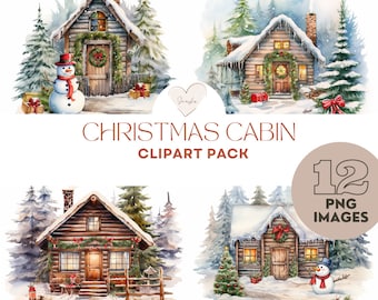 Watercolor Christmas Cabin with Snow man Set of 12 clipart  300 DPI instant download Instant Digital Download, Commercial Use, Cozy house