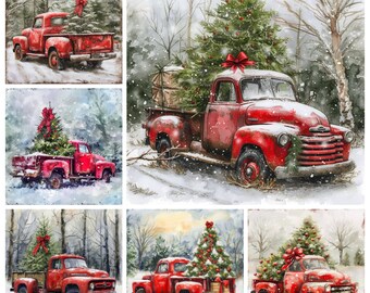 Rustic Red Truck Christmas Canvas Print, Vintage Holiday Decor, Set of 12 Digital PNG Images