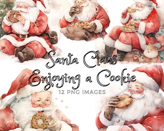 Set of 12 - Santa Claus Enjoying a Cookie Clipart PNGs High Quality, Card Making, Digital Paper, Junk Journal, Craft, Christmas, Transparent