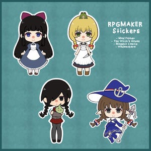 Pode incluir: Conjunto de quatro autocolantes RPG Maker com personagens de Mad Father, The Witch's House, Mogeko Castle e Wadanohara. Cada autocolante tem um design único, incluindo uma menina com um vestido azul, uma menina com uma faca, uma menina segurando uma criatura e uma menina com um chapéu azul.