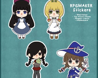 May include: Set of four RPG Maker stickers featuring cartoon characters from Mad Father, The Witch's House, Mogeko Castle, and Wadanohara. Each sticker has a unique design, including a girl in a blue dress, a girl with a knife, a girl holding a creature, and a girl with a blue hat.