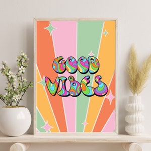 Colorful Good Vibes Art Print, Rainbow Lines & Stars, Positive Energy Poster, Digital Download for Happy Spaces