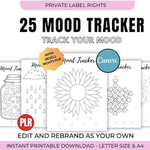 May include: A set of 25 printable mood tracker templates. The templates feature different designs, including a jar, a cloud with raindrops, a sunflower, a heart, and a balloon. The text "25 Mood Tracker" and "Track Your Mood" is at the top of the image. The text "Edit and Rebrand as Your Own" and "Instant Printable Download - Letter Size & A4" is at the bottom of the image.