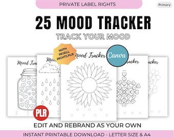 May include: A set of 25 printable mood tracker templates. The templates feature different designs, including a jar, a cloud with raindrops, a sunflower, a heart, and a balloon. The text "25 Mood Tracker" and "Track Your Mood" is at the top of the image. The text "Edit and Rebrand as Your Own" and "Instant Printable Download - Letter Size & A4" is at the bottom of the image.