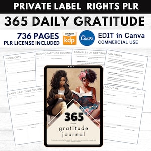 Puede incluir: Una tableta digital que muestra un diario de gratitud de 365 días con una ilustración colorida de dos mujeres leyendo libros. El diario incluye indicaciones para la gratitud diaria, ejemplos de gratitud y una sección para la reflexión personal. El texto "365 días diario de gratitud" aparece en la portada.