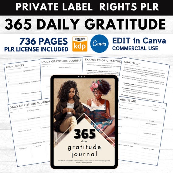 PLR 365 Daily Gratitude Journal for KDP Canva Planner and Editable Template, Manifestation Gratitude Commercial Use Printable Black Girl MRR