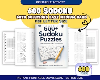 Puede incluir: Un libro blanco titulado "600+ Sudoku Puzzles" con un lápiz y un borrador. El libro está abierto a un rompecabezas, con varias páginas de rompecabezas de Sudoku y soluciones visibles. El texto incluye "Easy Medium Hard With Solutions" y "600 Pages".