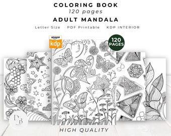 May include: A black and white coloring book with a cover featuring a mandala design with butterflies and flowers. The book is titled "Adult Mandala Coloring Book" and has 120 pages. The book is available on Amazon KDP.