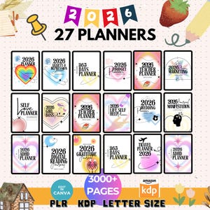 May include: A collection of 27 planners for 2026, each with a unique design and title, including topics like budget, teacher, and self-love. The image also includes the text "3000+ PAGES" and "LETTER SIZE".